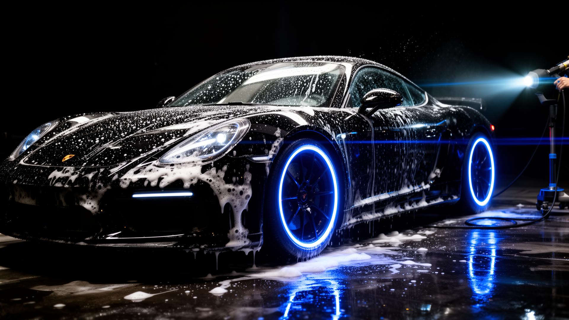 Black sports car being detailed